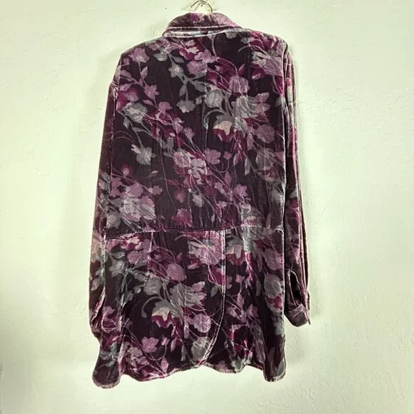 Coldwater Creek Womens Button Up Floral Velvet Tunic Top Medium Purple Back-Slit - Picture 2 of 7
